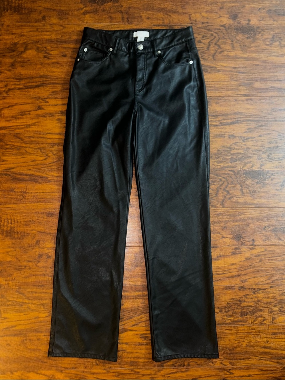 H&M Faux Leather Straight-Leg Jeans Black Sleek Glossy Leather Boot Cut Pants